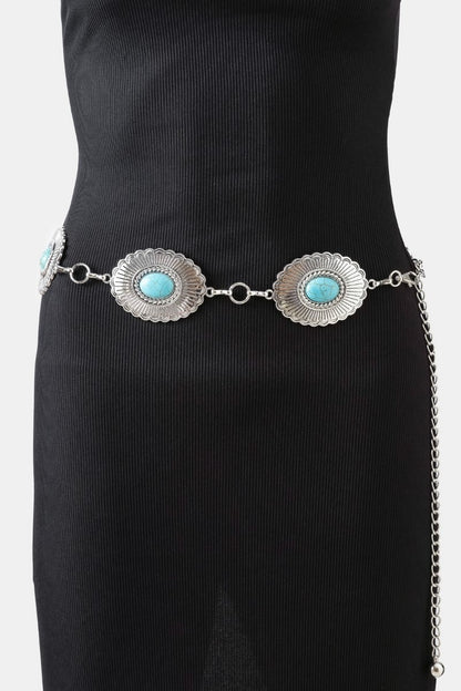 Western Oval Turquoise Chain Belt - Silver
