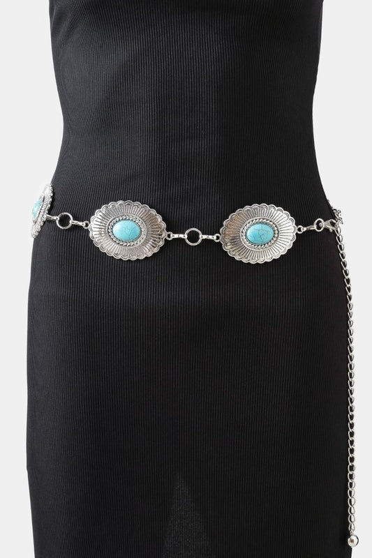 Western Oval Turquoise Chain Belt - Silver