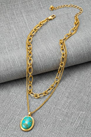 2 Row Chunky Chain With Stone Pendant - Gold