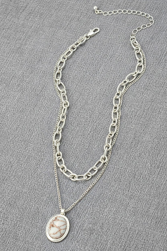 2 Row Chunky Chain With Stone Pendant - Silver