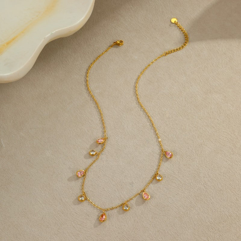 Crystal Rhinestone Drop Necklace - Pink