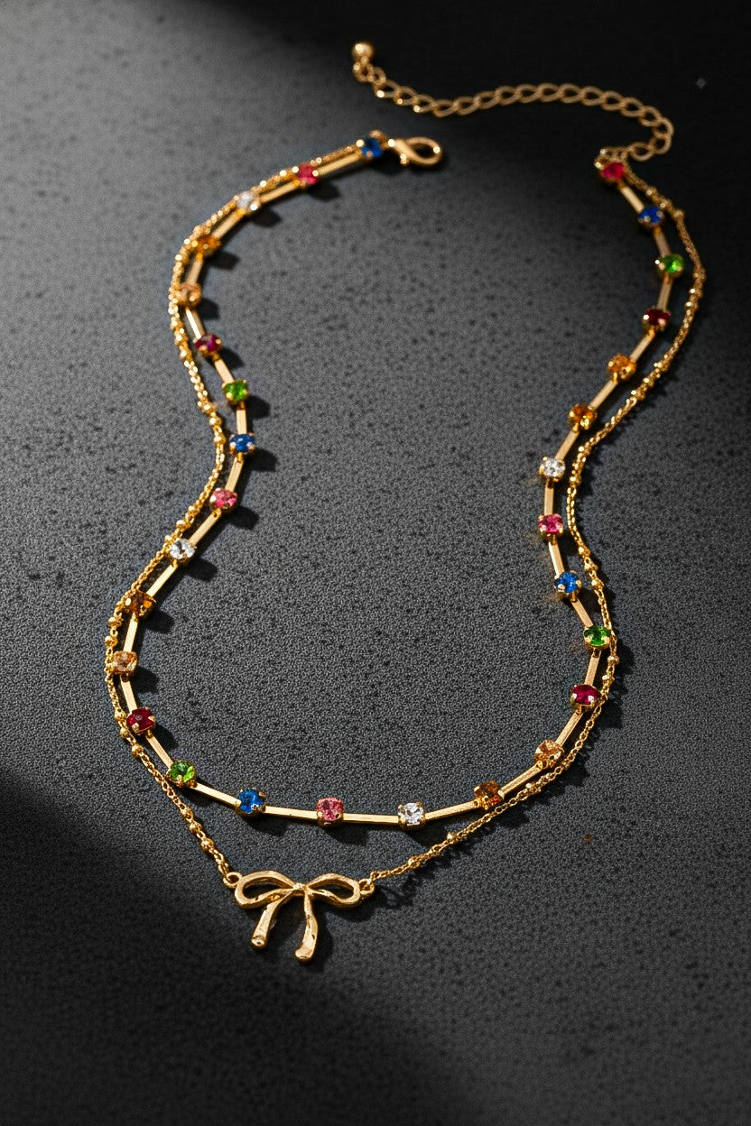 Colored Gems Bow Necklace