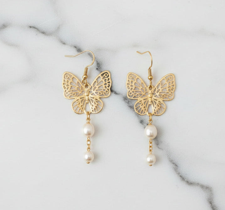 Filigree Butterfly W/Pearl Earrings