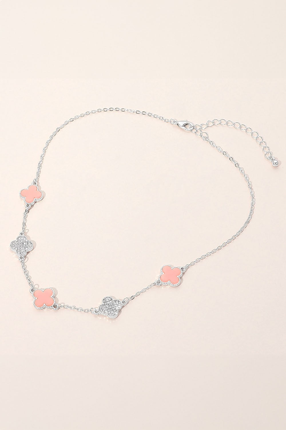 Clover Rhinestone Link Necklace - Sil/Pk