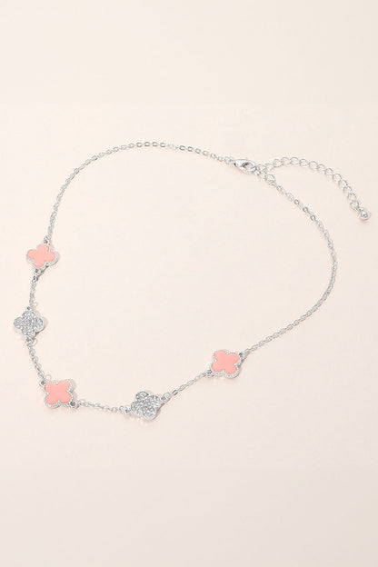 Clover Rhinestone Link Necklace - Sil/Pk