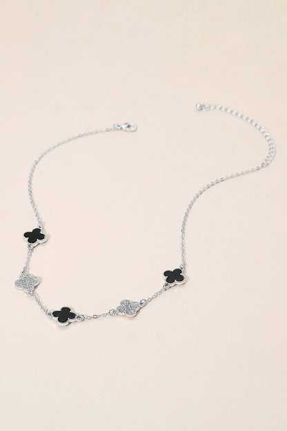 Clover Rhinestone Link Necklace - Sil/Blk
