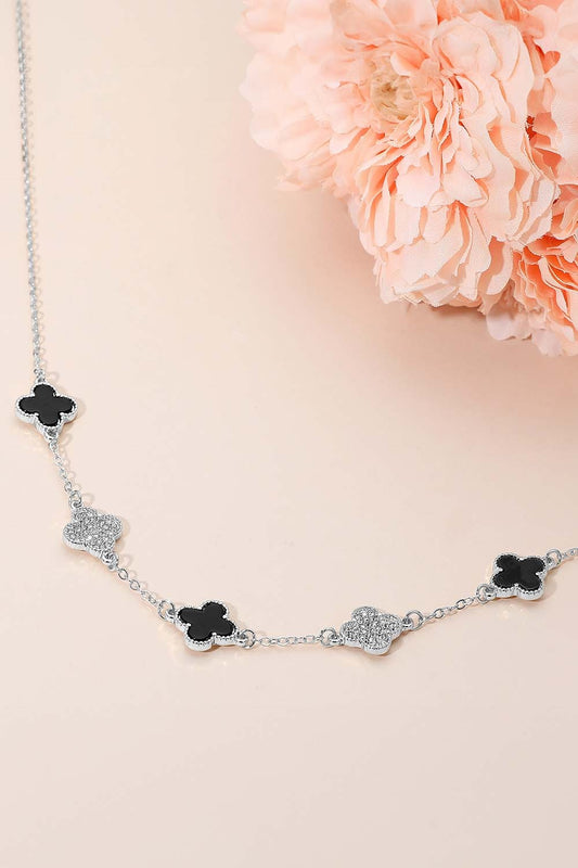 Clover Rhinestone Link Necklace - Sil/Blk