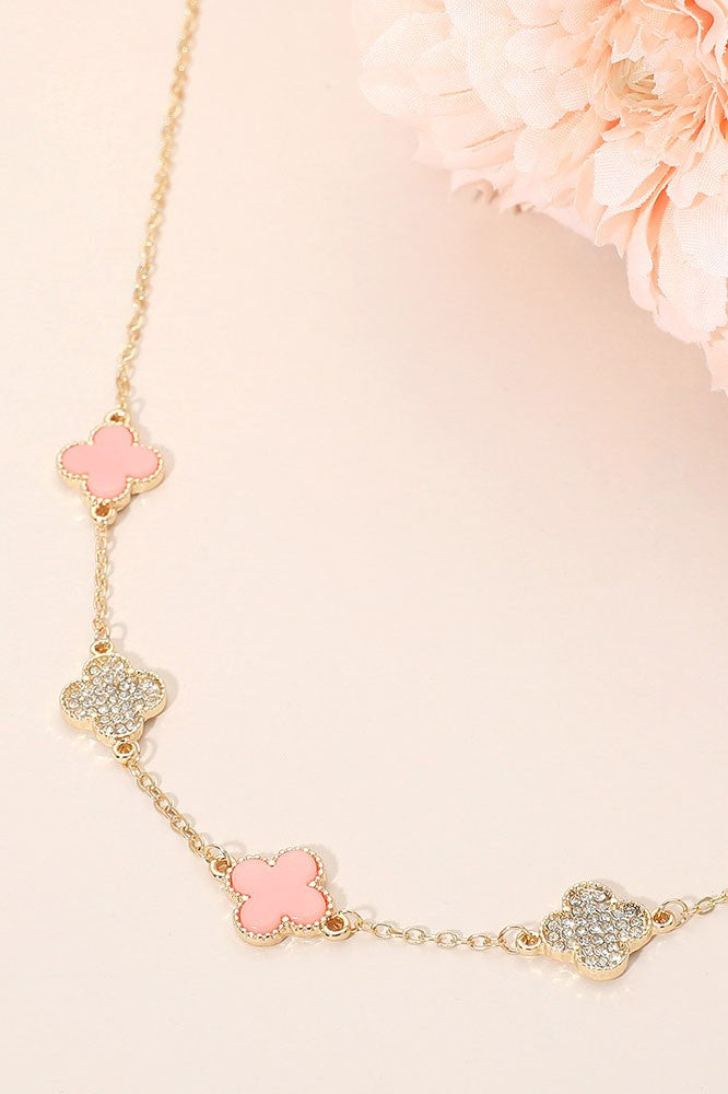 Clover Rhinestone Link Necklace - Gd/Pk