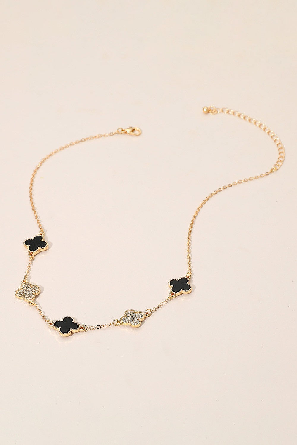 Clover Rhinestone Link Necklace - Gd/Bk