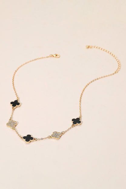 Clover Rhinestone Link Necklace - Gd/Bk