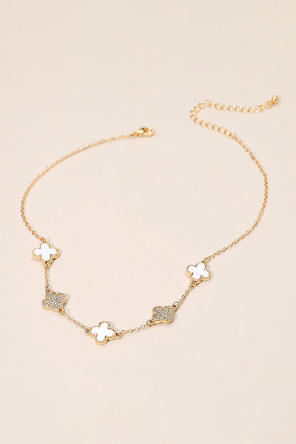 Clover Rhinestone Link Necklace - Gd/Wh