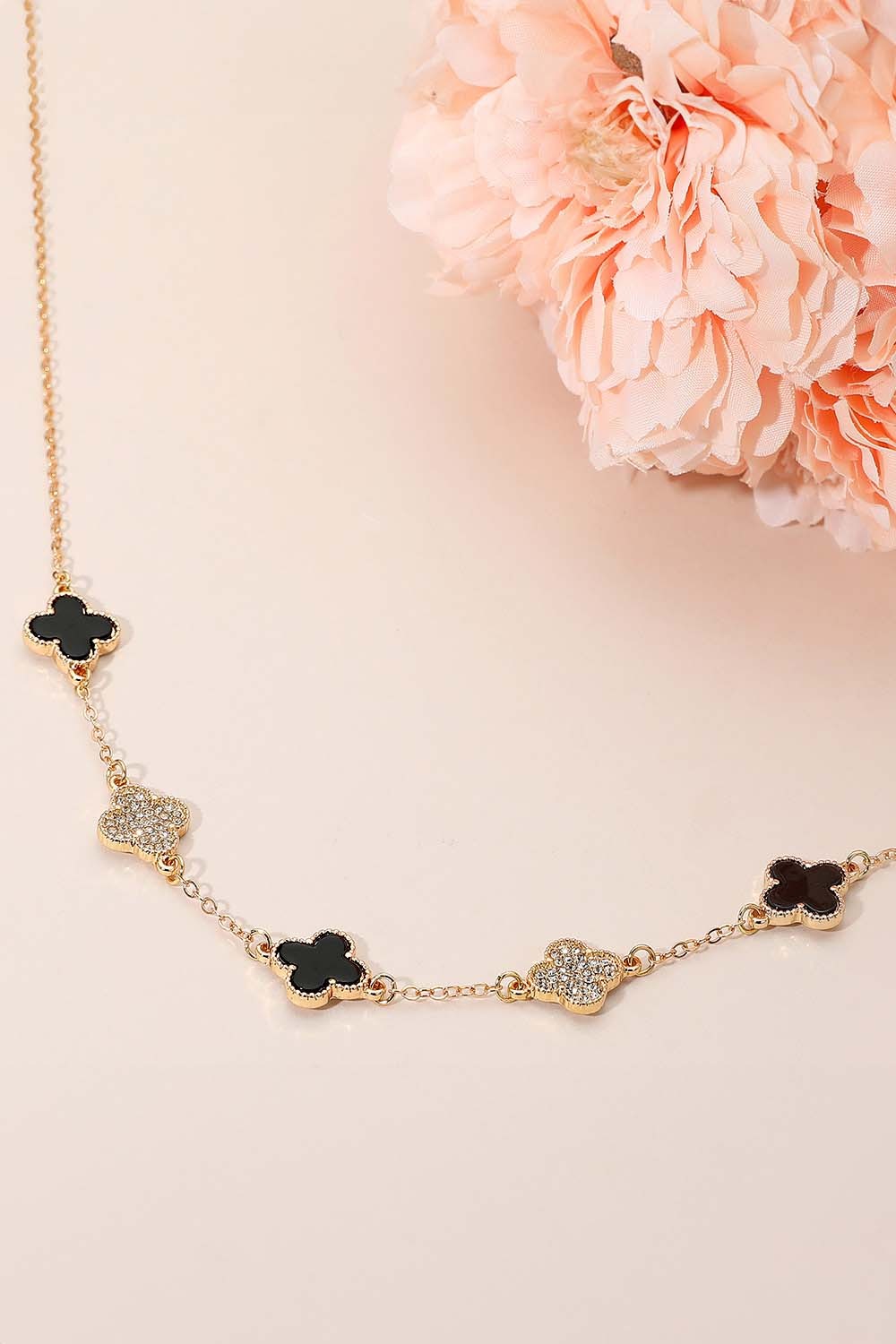 Clover Rhinestone Link Necklace - Gd/Bk