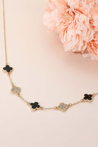Clover Rhinestone Link Necklace - Gd/Bk