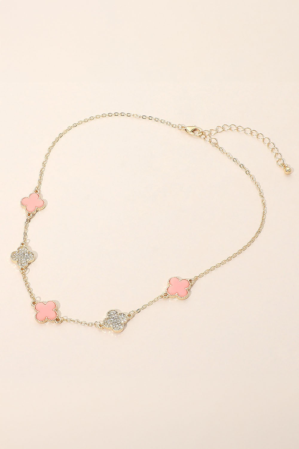 Clover Rhinestone Link Necklace - Gd/Pk