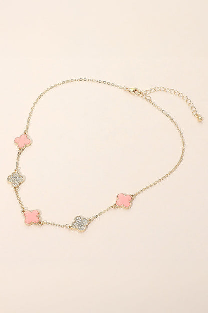 Clover Rhinestone Link Necklace - Gd/Pk