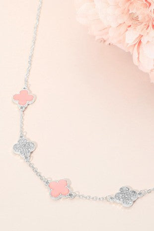 Clover Rhinestone Link Necklace - Sil/Pk