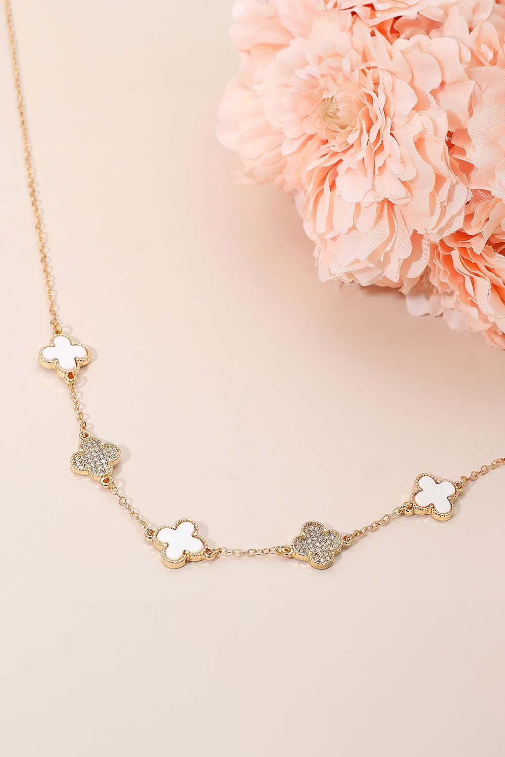 Clover Rhinestone Link Necklace - Gd/Wh