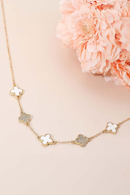 Clover Rhinestone Link Necklace - Gd/Wh