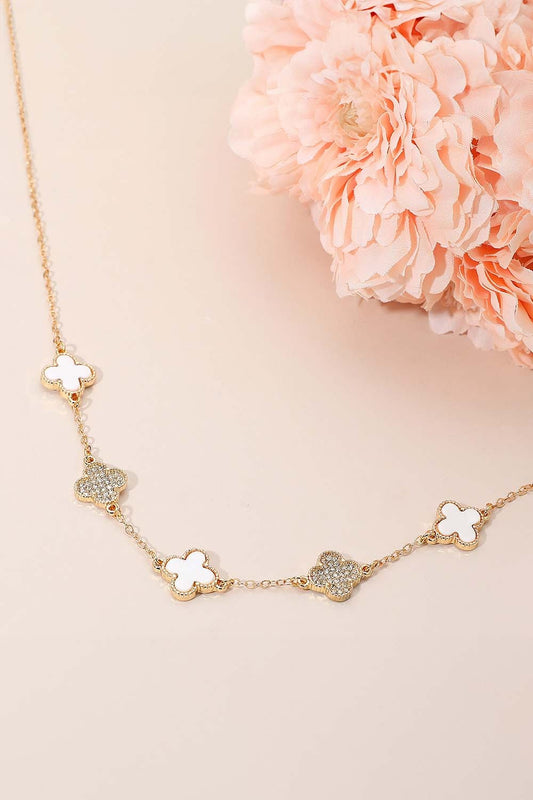 Clover Rhinestone Link Necklace - Gd/Wh