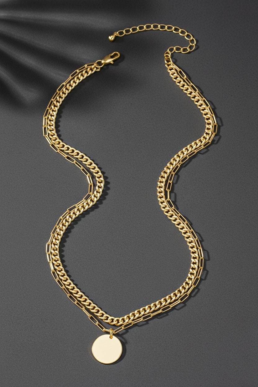 Mix Chain & Disk Pendant Necklace