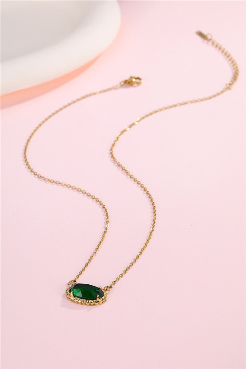 Oval Gem Charm Pendant Necklace- Emerald
