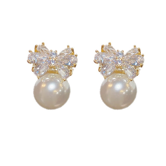 Pearl & Crystal Bow Drop Earrings