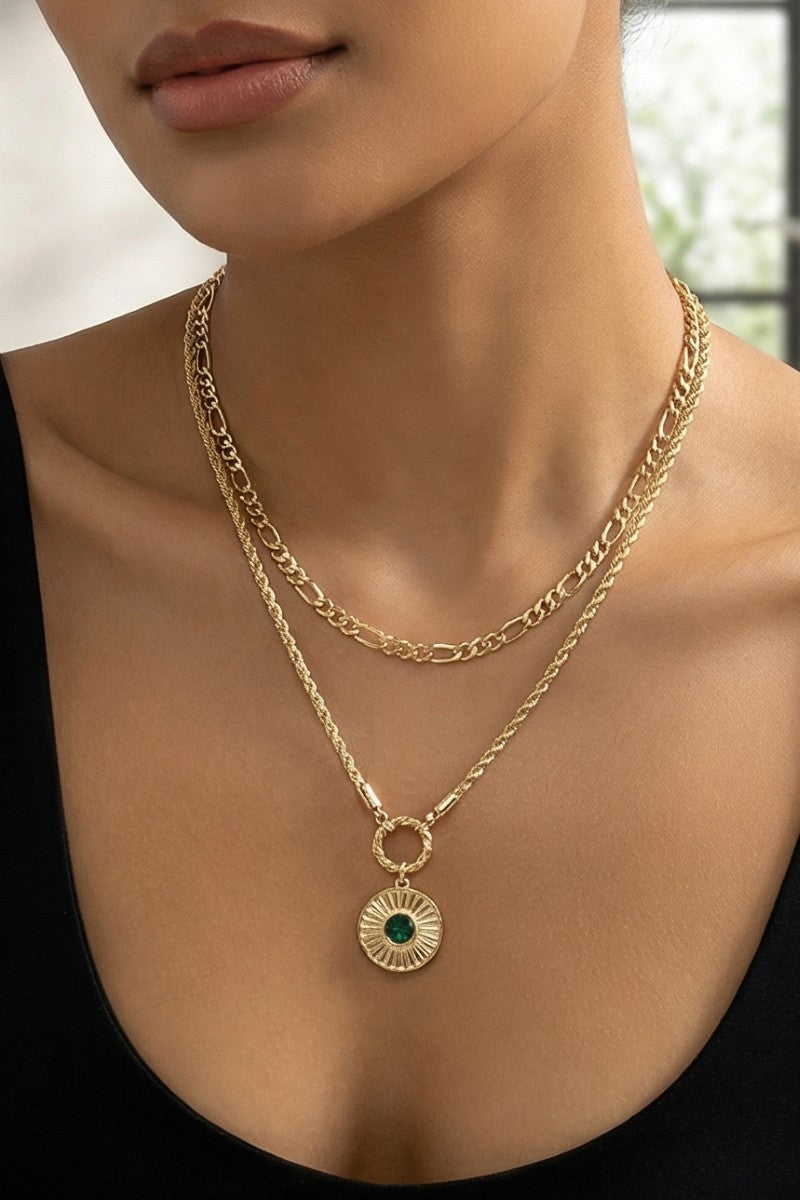Layered Chain Disc Pendant Necklace