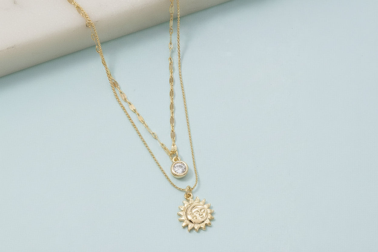 Circle and Sun Layered Necklace - Gold