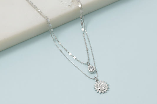 Circle and Sun Layered Necklace - Silver