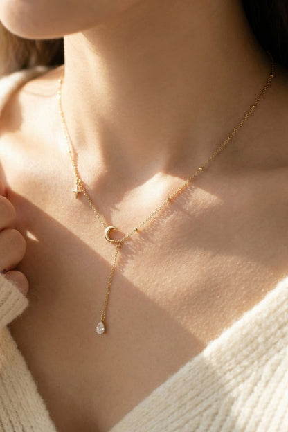 Moon and Star Y Necklace