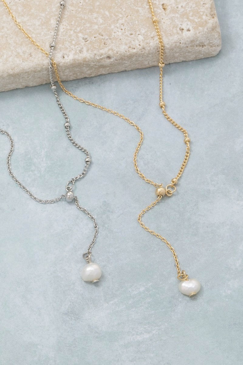 Pearl Lariat Chain Necklace - Gold