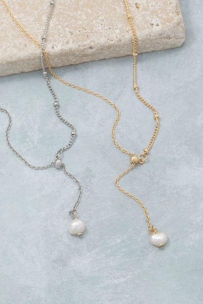 Pearl Lariat Chain Necklace - Gold