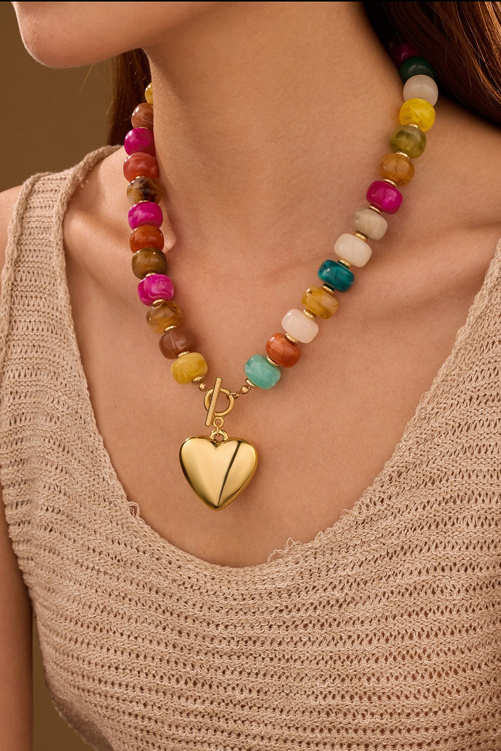 Multi Beaded Heart Charm Toggle Necklace