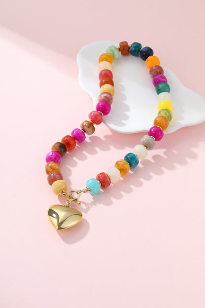 Multi Beaded Heart Charm Toggle Necklace