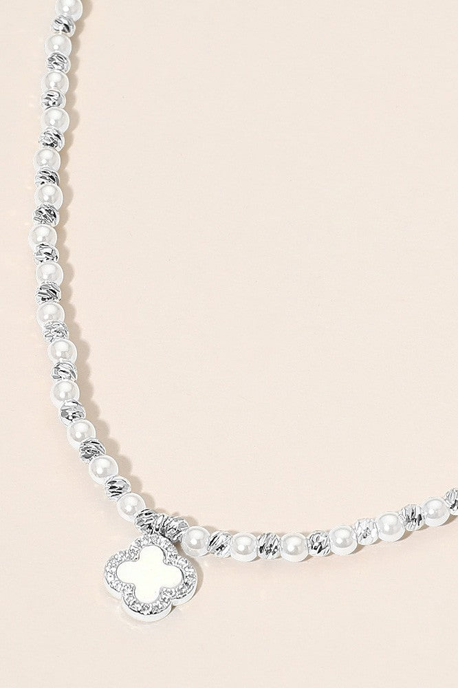 Clover Charm Beaded Necklace -Silver