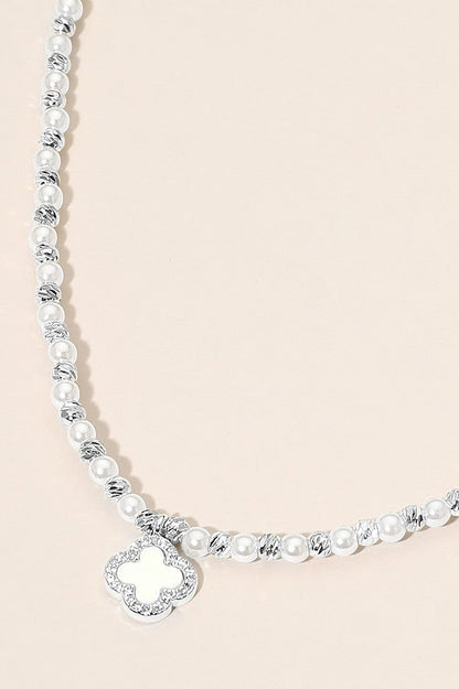 Clover Charm Beaded Necklace -Silver