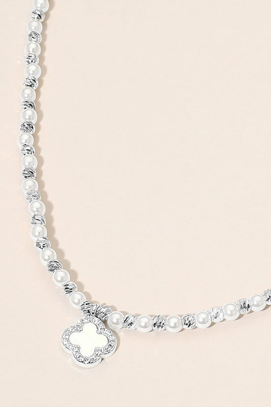 Clover Charm Beaded Necklace -Silver