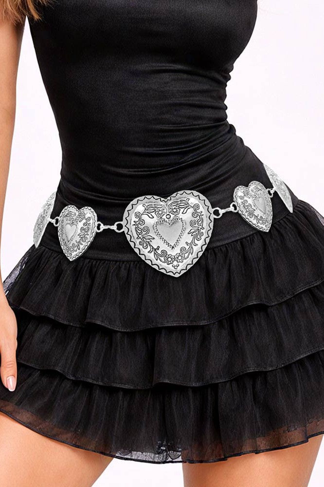 Engraved Heart Link Waist Chain Belt - Silver