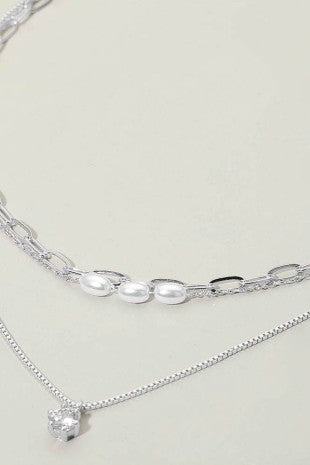 Pearl Beaded Chain Necklace - Silver