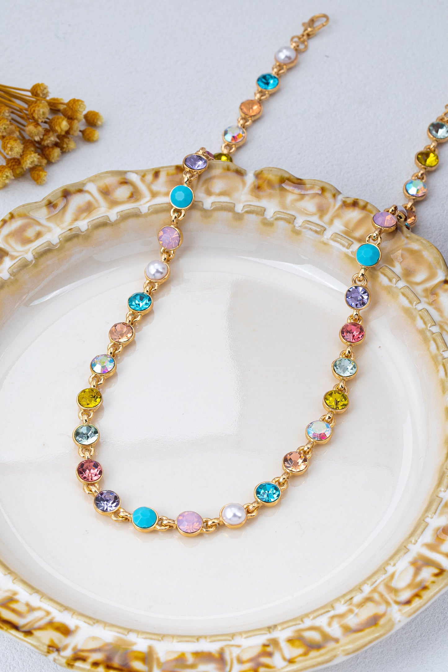 Color Crystal & Pearl Tennis Necklace