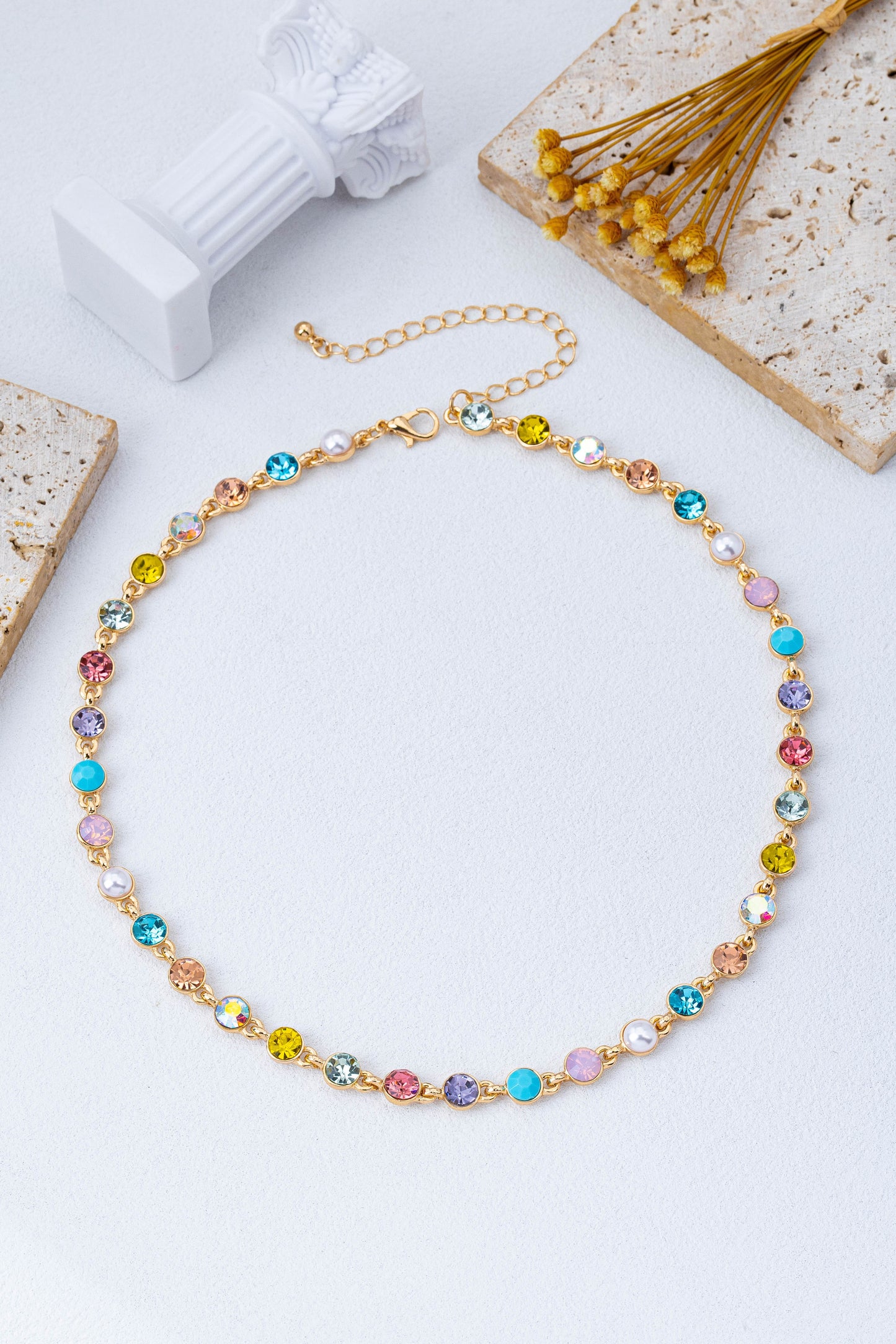 Color Crystal & Pearl Tennis Necklace