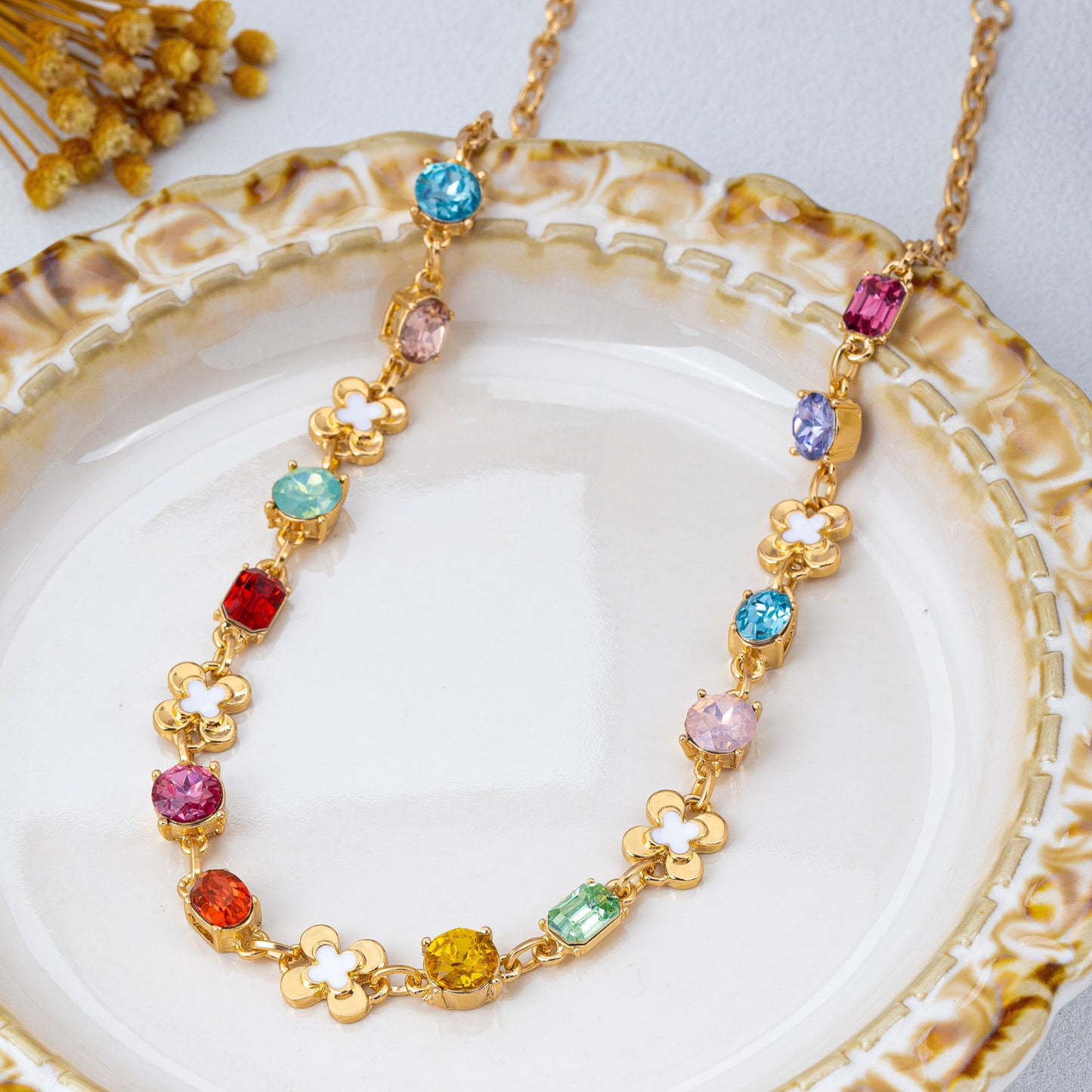 Multi Color Gemstone Station Necklace