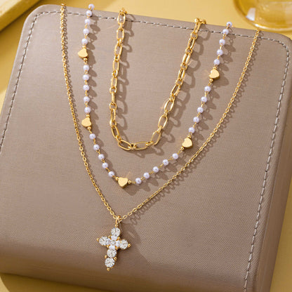 Pearl & Crystal Cross Necklace