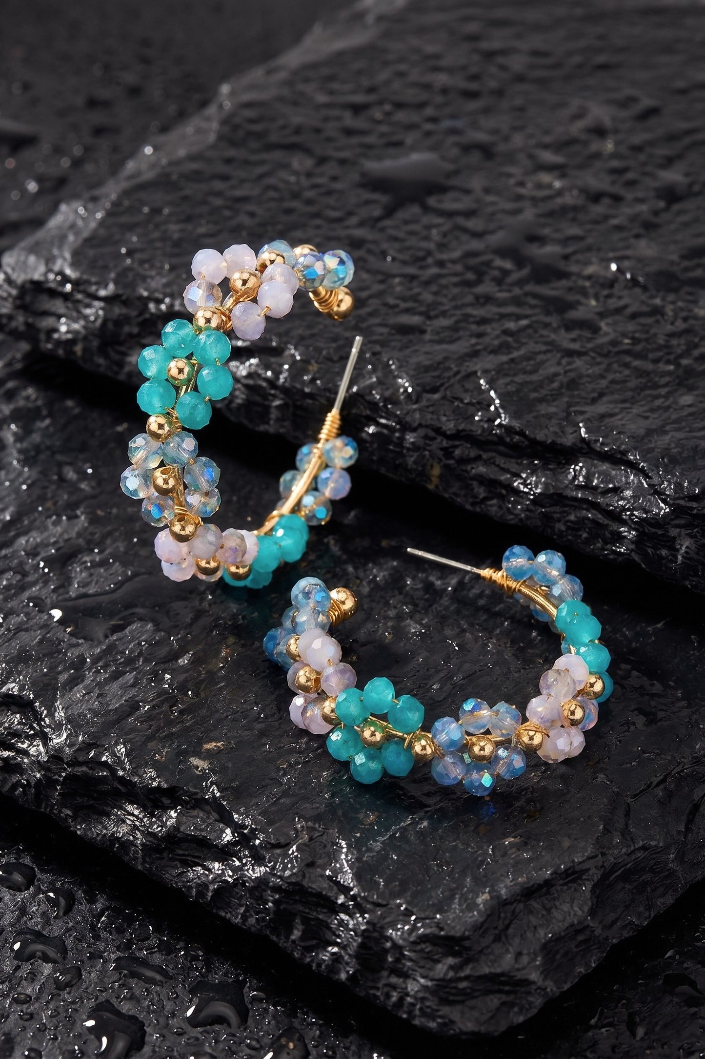 Glass Bead Flower Hoop Earrings - Turquoise