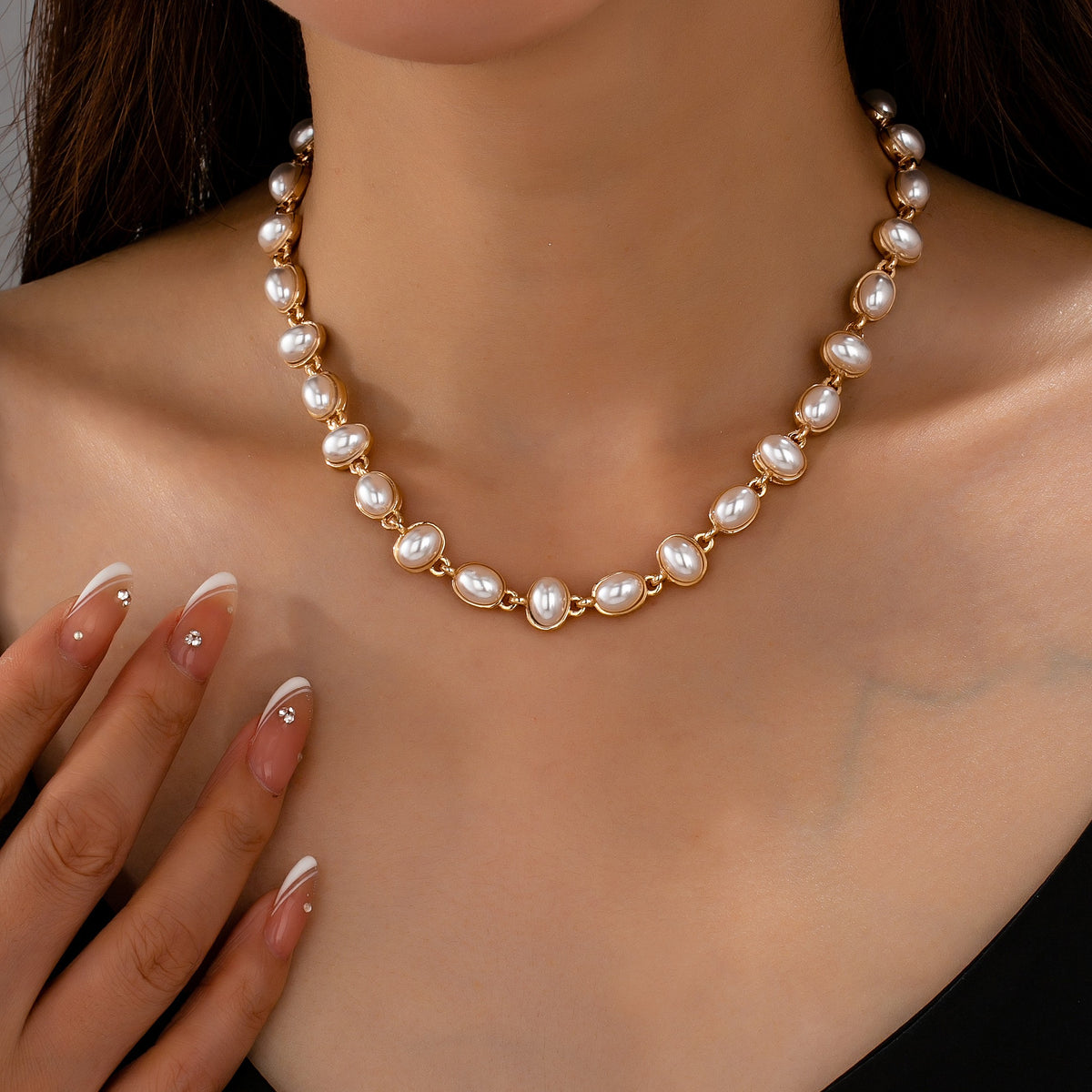 Oval Pearl Link Station Necklace