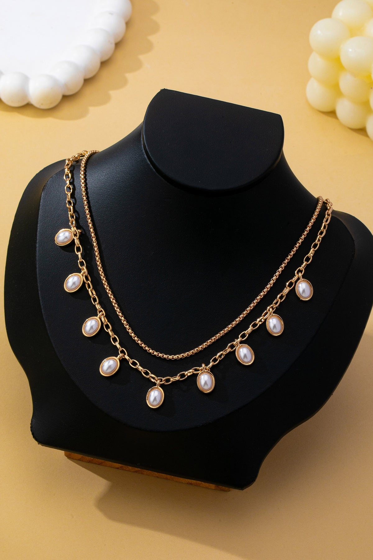 Layered Gold Chain Pearl Charm Necklace