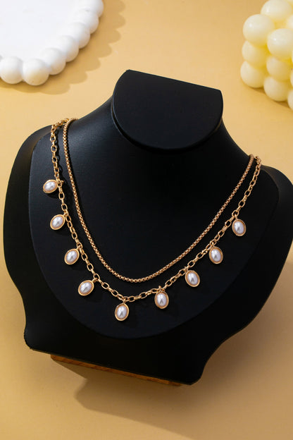 Layered Gold Chain Pearl Charm Necklace