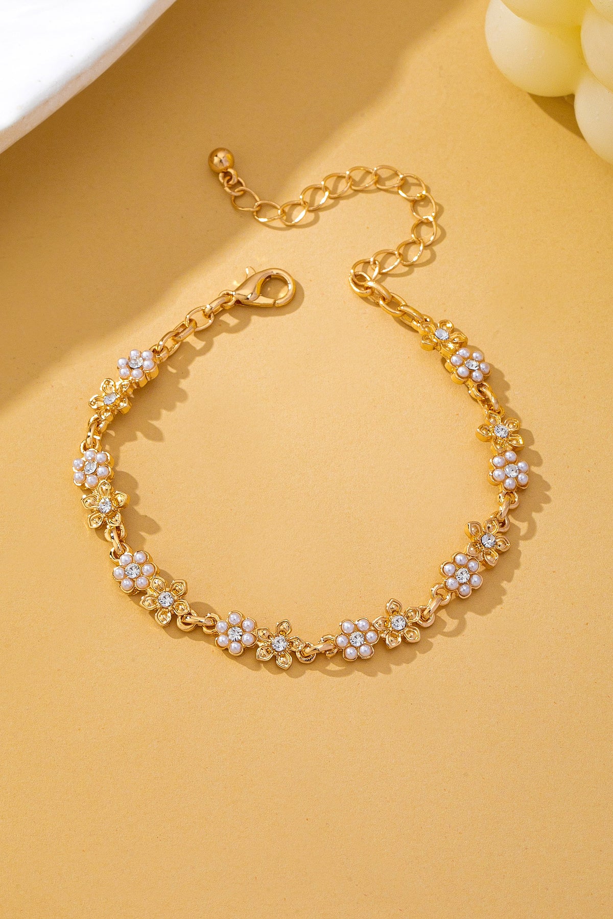 Pearl & Rhinestone Flower Link Bracelet