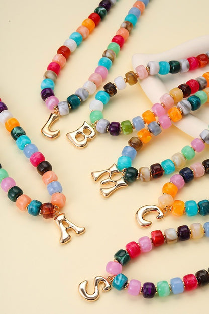 Chunky Beaded Letter Initial Charm Necklace