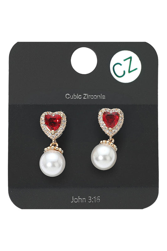 Heart Pearl Earrings - Red
